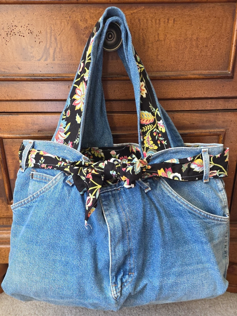 Denim Dickies Tote Bag with Black Floral Accents